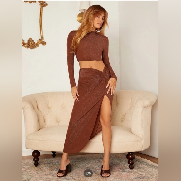 SHEIN Mock Neck Glitter Crop Top and Twist Split Skirt - Picture 2 of 4